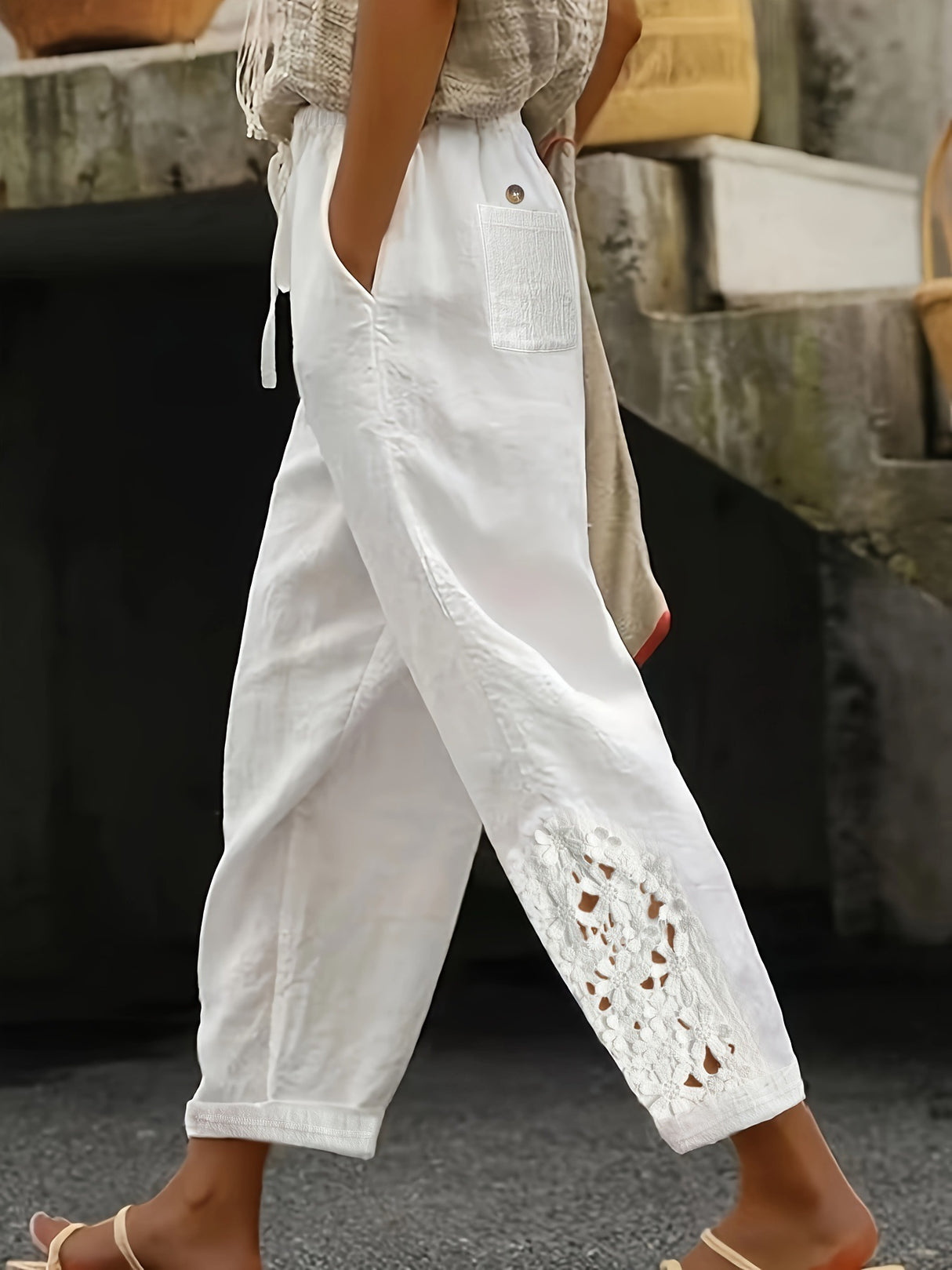 Women's Lace Stitching Drawstring Straight Casual Pants
