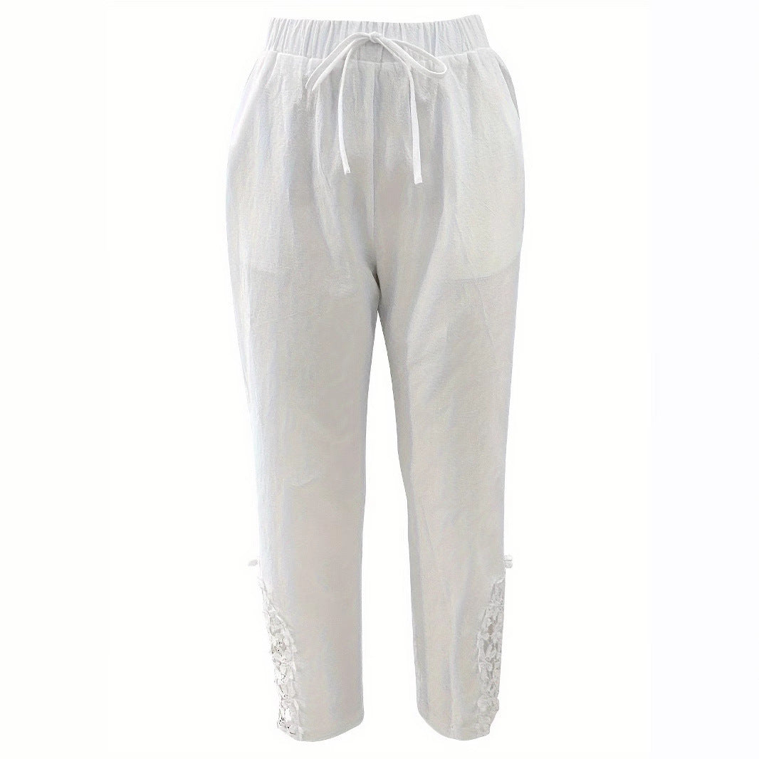 Women's Lace Stitching Drawstring Straight Casual Pants